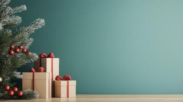 Christmas gift boxes with copy space for text, red bows and ornaments next to a snow dusted pine tree on a teal background photo