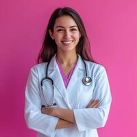 Smiling female doctor with a stethoscope wearing a white coat standing against a pink background photo