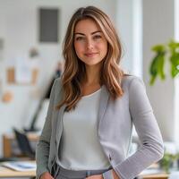 Smiling businesswoman in a gray suit standing confidently in a bright and modern office space photo