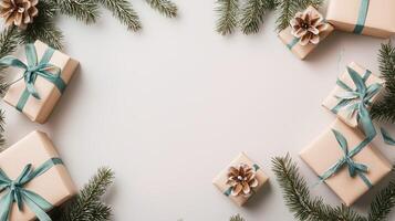 Minimalist Merry Christmas and Happy New Year greeting card or web banner with Christmas gift boxes, pine branch, copy space for text on a white background. Minimal art banner, poster, cover template photo
