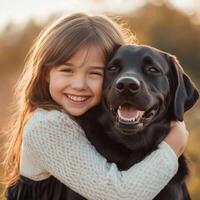 Smiling young girl hugging her happy black labrador in a warm outdoor environment photo