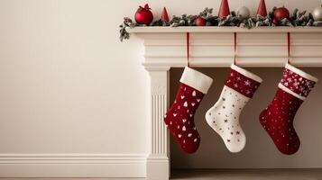 Christmas stockings hanging on a decorated mantel with red ornaments and festive garland for holiday decor photo
