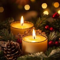 Warm Christmas candles glowing amidst festive greenery, pinecones, and red berries photo