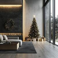 Minimalist modern living room with a beautifully decorated Christmas tree and gold-wrapped gifts by large window photo