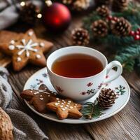 Cup of tea with snowflake-shaped gingerbread cookies and pinecones on a wooden slice with Christmas decorations photo