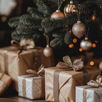 Elegant Christmas gifts wrapped in gold and white under a beautifully decorated tree with sparkling ornaments photo