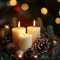 Cozy Christmas candle centerpiece with pinecones, greenery, and golden ornaments glowing softly photo