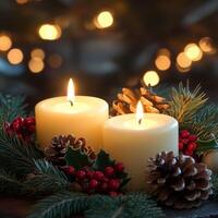 Warm Christmas candles with pinecones, holly, and festive greenery, glowing softly in holiday decor photo