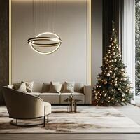 Elegant modern living room with a minimalist Christmas tree and contemporary lighting design photo