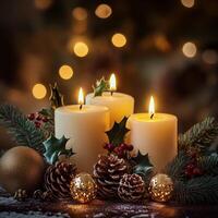Cozy Christmas candle centerpiece with pinecones, greenery, and golden ornaments glowing softly photo