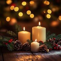 Cozy Christmas candle arrangement with pinecones, greenery, and warm glowing lights in the background photo