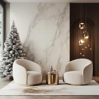 Modern Christmas seating area with snow covered tree, cozy chairs, and elegant lighting design photo
