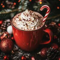Festive Christmas hot chocolate with whipped cream and candy cane in a red mug surrounded by holiday decor photo