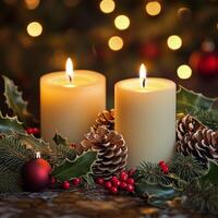 Warm Christmas candle arrangement with pinecones, holly, and festive red ornaments glowing softly photo