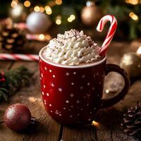 Cozy Christmas hot chocolate with whipped cream and a candy cane in a festive red mug photo