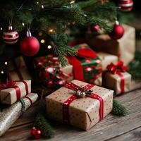 Beautifully wrapped Christmas presents with red ribbons under a festive tree decorated with ornaments photo