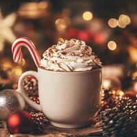Cozy Christmas hot chocolate with whipped cream and a candy cane in a white mug surrounded by holiday decor photo
