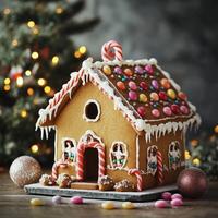 Festive gingerbread house decorated with colorful candies and icing in a cozy Christmas setting photo