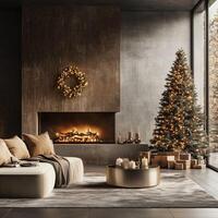 Modern minimalist Christmas living room with a decorated tree, fireplace, and warm neutral tones photo