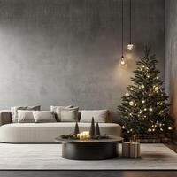 Modern minimalist Christmas living room with a decorated tree, arched windows, and elegant furnishings photo