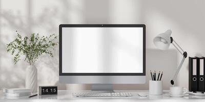Minimalist Workspace with Desktop Computer and Plant - Home Office Setup 3D rendering photo