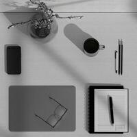 Top View of Minimalist Desk with Notebook and Coffee - Organized Workspace 3D rendering photo