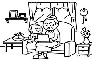 Grandmother using Notebook coloring pages style. vector