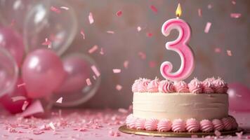 A festive celebration of the third birthday with a cake and confetti in pink pastel colors, a candle with the number 3 on the cake. photo