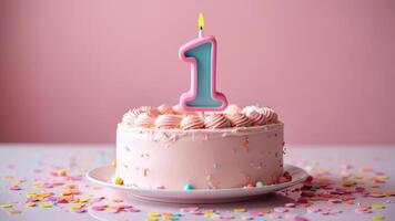 A festive celebration of the third birthday with a cake and confetti in pink pastel colors, a candle with the number 1 on the cake. photo