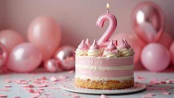 A festive celebration of the third birthday with a cake and confetti in pink pastel colors, a candle with the number 2 on the cake. photo