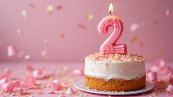A festive celebration of the third birthday with a cake and confetti in pink pastel colors, a candle with the number 2 on the cake. photo