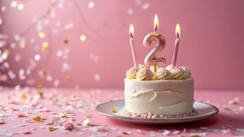 A festive celebration of the third birthday with a cake and confetti in pink pastel colors, a candle with the number 2 on the cake. photo