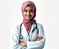 Muslim woman doctor wearing hijab smiling with arms crossed on white background photo