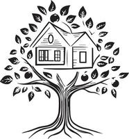 a black and white illustration of a house in a tree vector