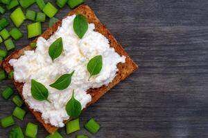 Whole grain bread with feta cheese and herbs. photo