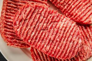 Raw cutlet fresh ground meat beef burger, pork, chicken, turkey second course dish fresh delicious gourmet food background on the table rustic food top view copy space photo