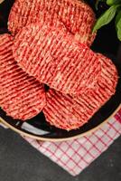 Raw cutlet fresh ground meat beef burger, pork, chicken, turkey second course dish fresh delicious gourmet food background on the table rustic food top view copy space photo