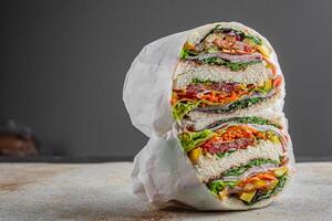 sandwich layers vegetables and ham meat spam fresh meal food snack on the table copy space food background rustic top view photo