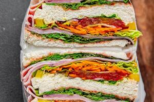 sandwich layers vegetables and ham meat spam fresh meal food snack on the table copy space food background rustic top view photo