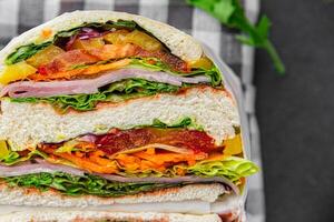 sandwich layers vegetables and ham meat spam fresh meal food snack on the table copy space food background rustic top view photo