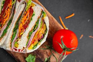 sandwich layers vegetables and ham meat spam fresh meal food snack on the table copy space food background rustic top view photo