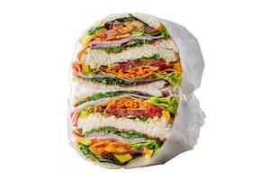 sandwich layers vegetables and ham meat spam fresh meal food snack on the table copy space food background rustic top view photo