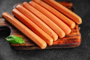 sausages fresh meat pork, beef, chicken dish gourmet food background on the table rustic food top view copy space photo