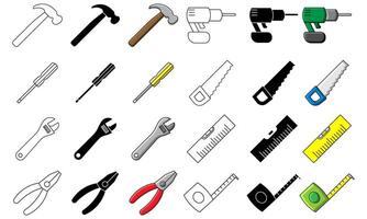 Set of Tools including a hammer, screwdriver, wrench and pliers in various designs, black, white and colour versions vector