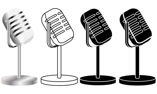 Set of old still microphones in a realistic gradient effect, Black and White, White and Black and Black and transparent stroke versions