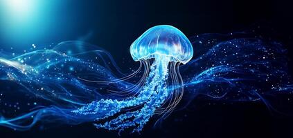Jellyfish floating in deep blue water. Underwater life in ocean jellyfish. Beautiful jellyfish, medusa in neon light. Generated Image photo
