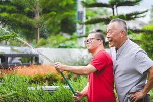 Cheerful grandfather with grandson working in the garden, Senior man and grandson enjoying together are watering the plants with hose photo