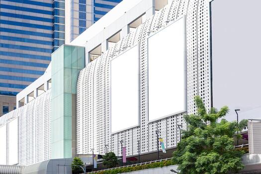 Group of Mock up white vertical large display billboard on tower building on street in the city, Mockup billboard photo