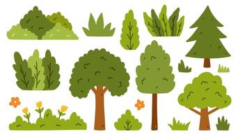 A set of different trees and bushes isolated on a white background. hand-drawn illustration in a flat style. Perfect for cards, decorations, logo, various designs. vector