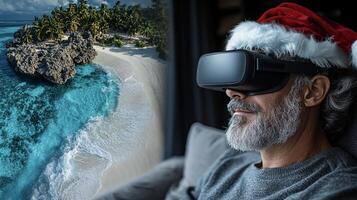 man santa-claus hat wearing a VR headset, relaxing on a chair. Bright, sunny day with turquoise sea in the background photo